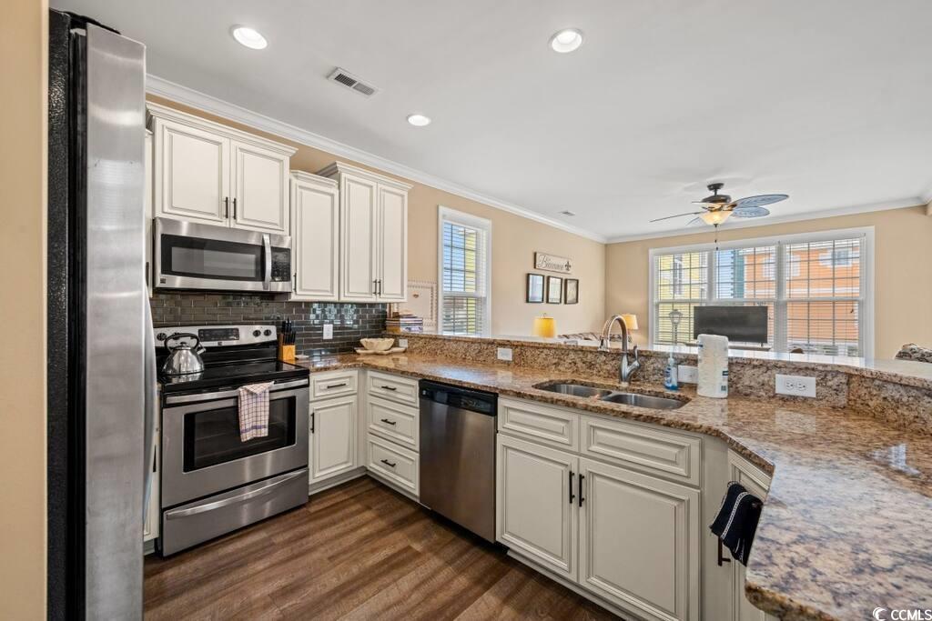 520 Caribbean Way Myrtle Beach, SC 29577 - Photo 5 of 21 Kitchen featuring appliances with stainless steel finishes, light stone countertops, ornamental molding, dark wood-style floors, and a ceiling fan