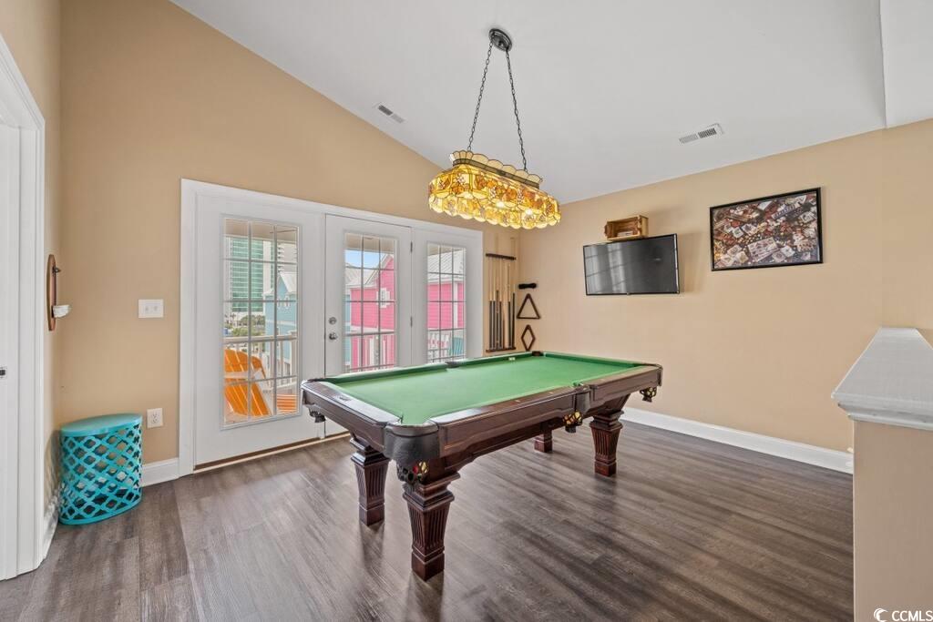 520 Caribbean Way Myrtle Beach, SC 29577 - Photo 7 of 21 Rec room featuring pool table, lofted ceiling, dark wood finished floors, and french doors