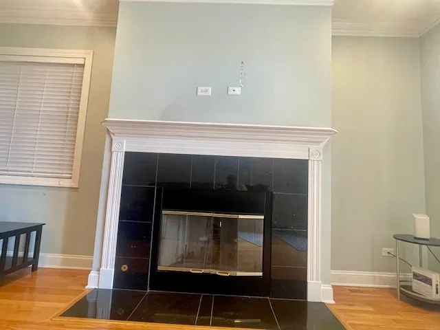 a living room with a fireplace