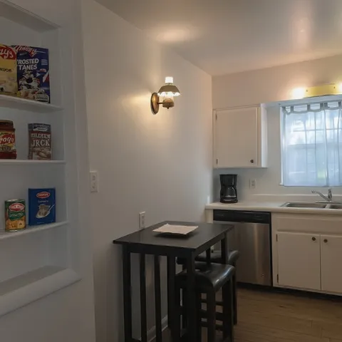 a kitchen with a sink cabinets and wooden floor