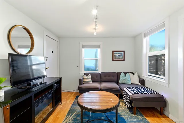 a view of a dining room with furniture