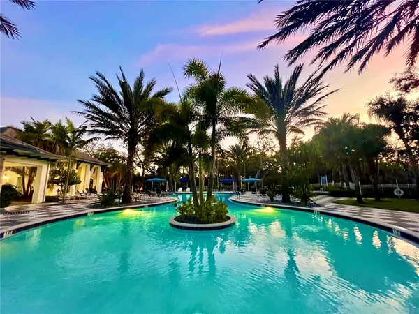 a view of a swimming pool with a garden