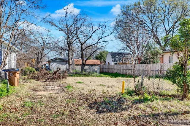 a view of a yard with a large tree