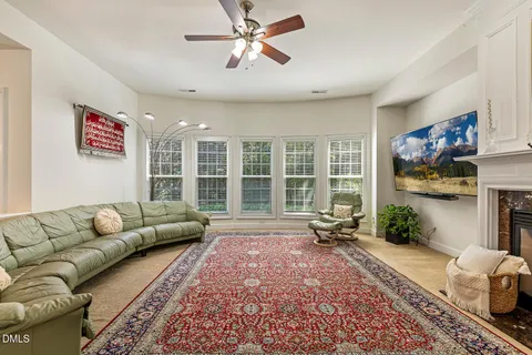 a living room with furniture ceiling fan and a rug