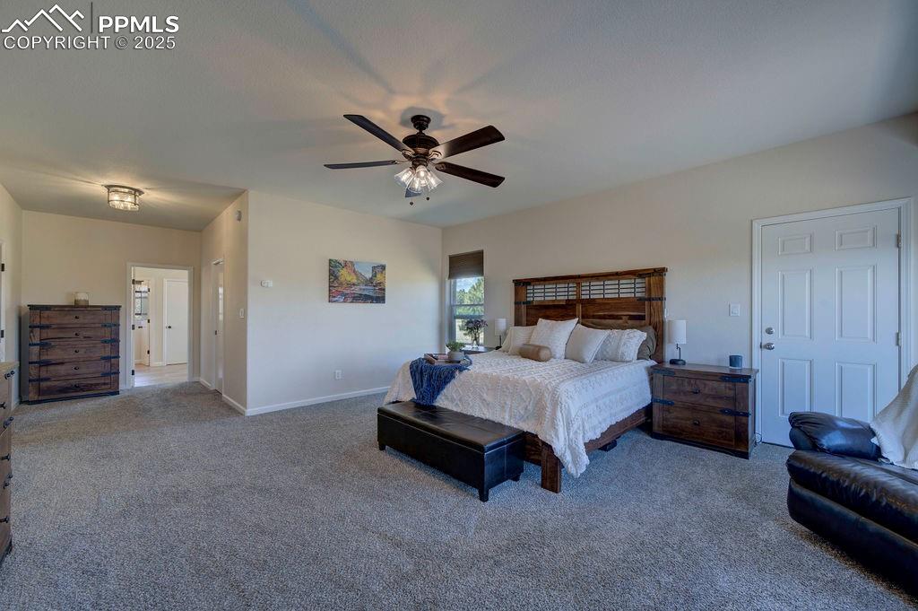 14650 Eastonville Road Elbert, CO 80106 - Photo 20 of 44 a spacious bedroom with a bed and a chandelier
