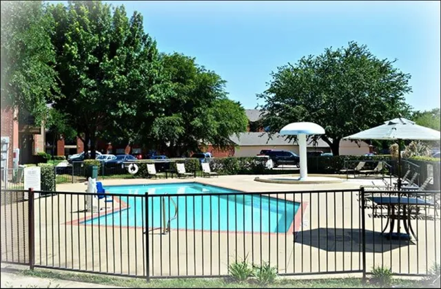 a view of a park with large trees