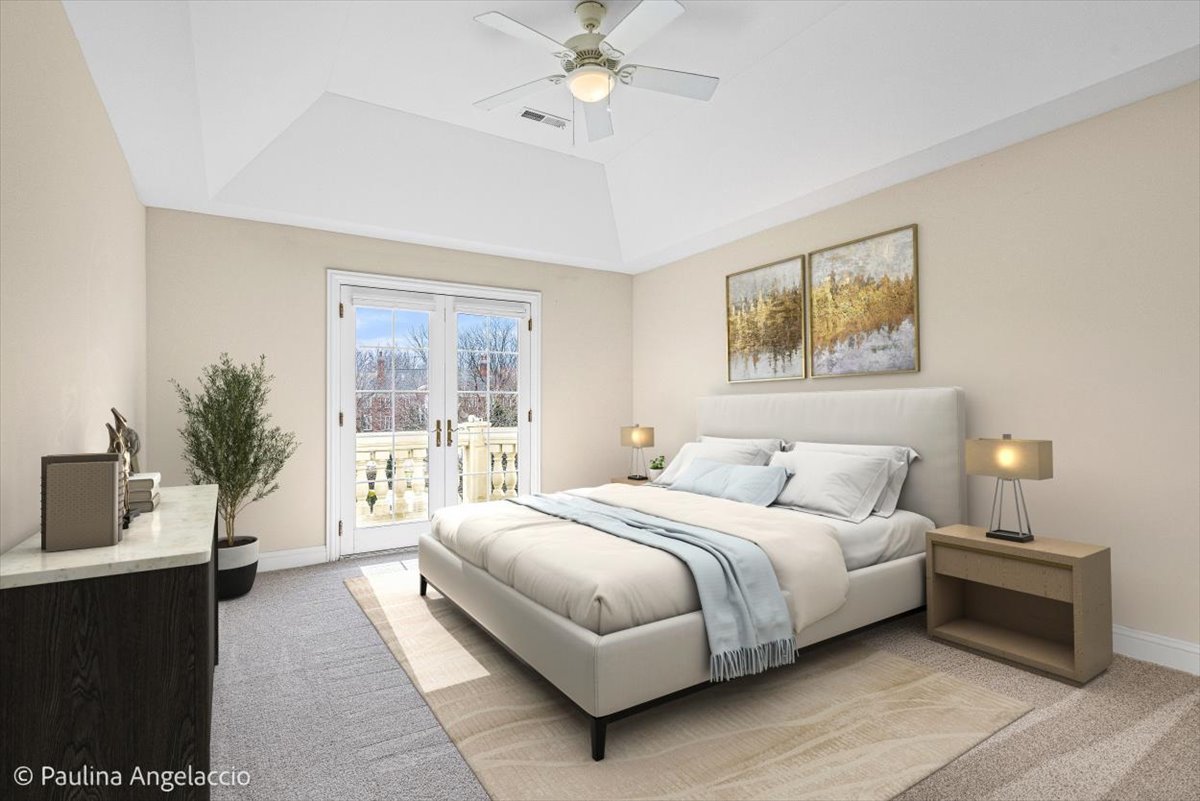 1175 Woodburn Court Inverness, IL 60067 - Photo 32 of 68 a bedroom with a large bed and a chandelier fan