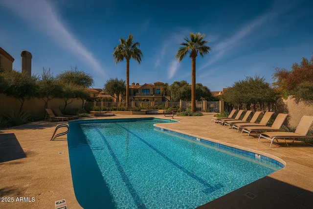 a view of a house with swimming pool and sitting area