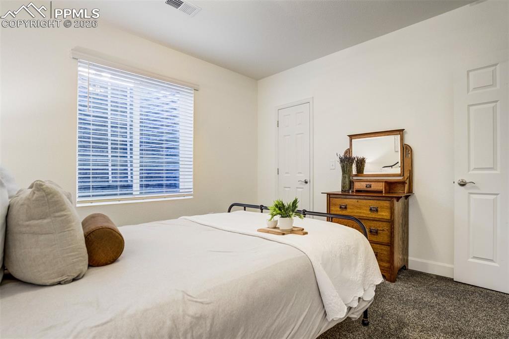 6374 Moate Lane Colorado Springs, CO 80927 - Photo 34 of 42 a bedroom with a bed and a flat tv screen on dresser