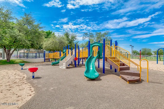 a view of a park with slide
