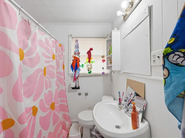 a bathroom with a sink toilet and mirror