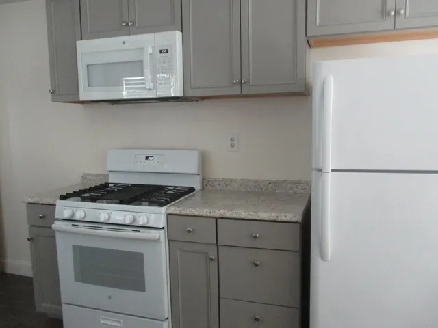 a kitchen with granite countertop cabinets stainless steel appliances and a wooden floor