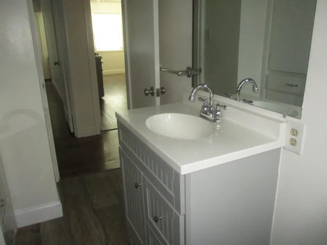 a bathroom with a sink and a mirror