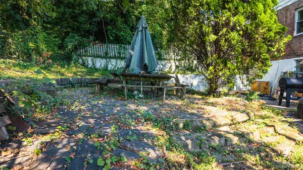 a view of a park with large trees