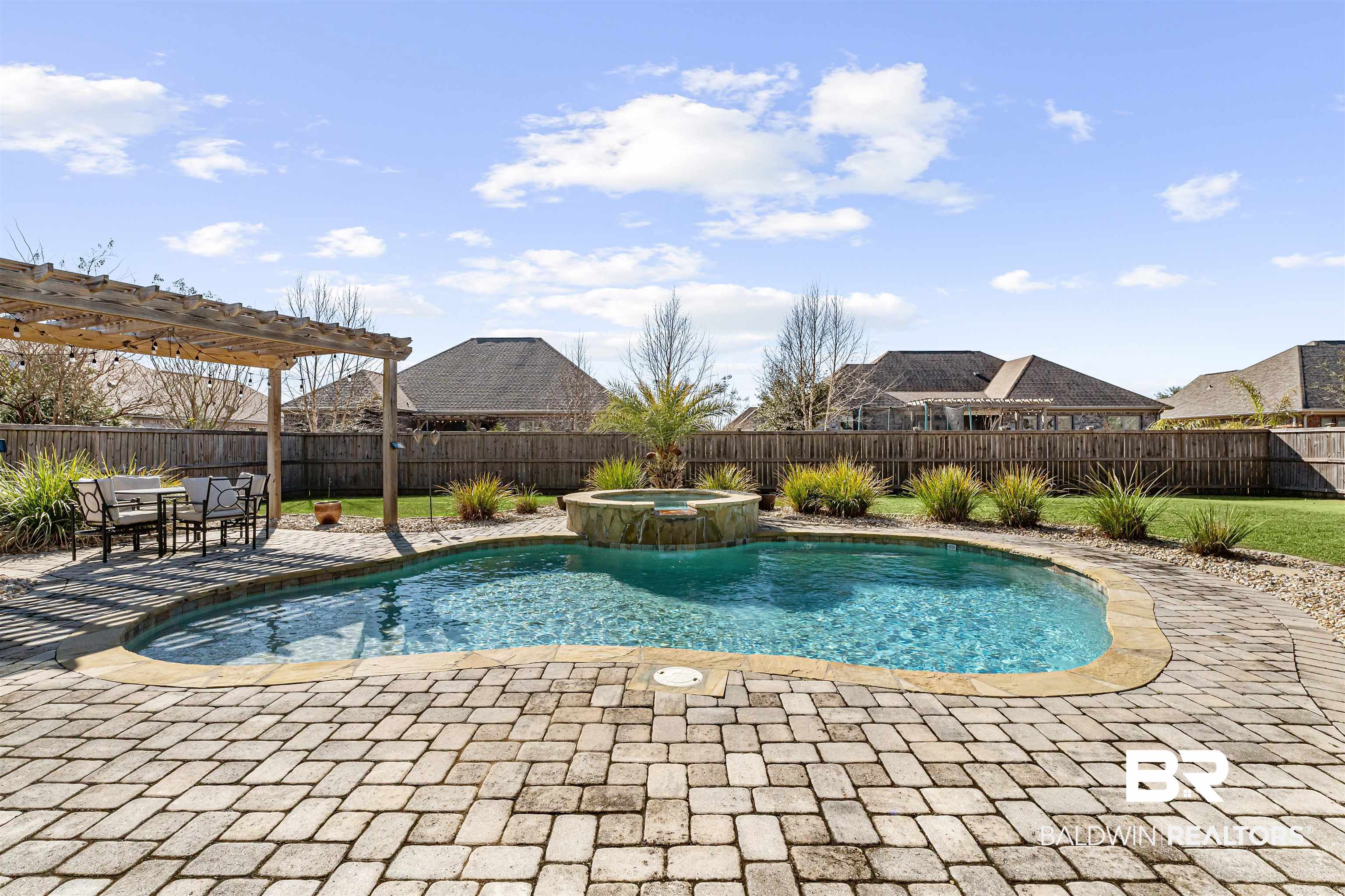 8844 Rosedown Lane Daphne, AL 36526 - Photo 22 of 24 Relaxing pool / spa featuring a pergola, a patio, a fenced backyard, and outdoor dining space