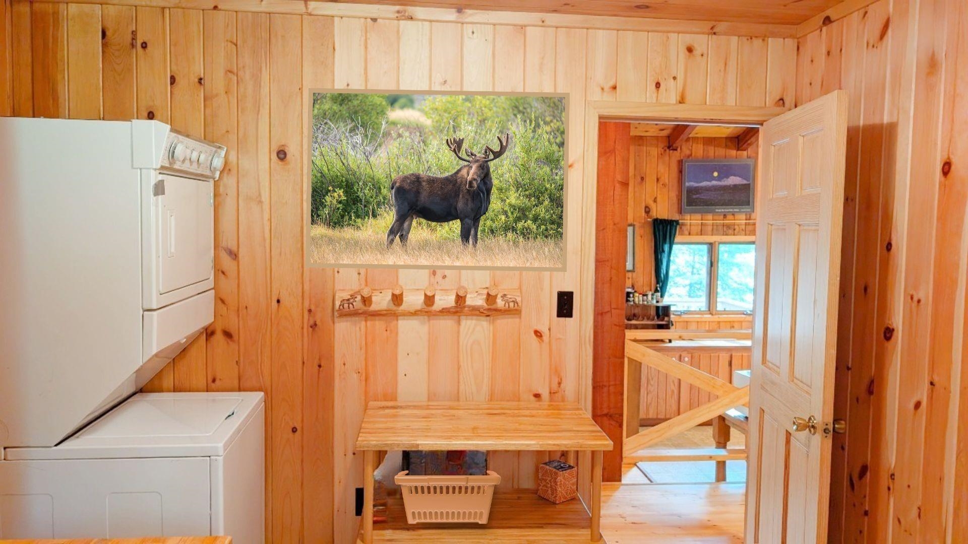 8884 Raps Road Cook, MN 55723 - Photo 27 of 46 Washroom with wood walls, stacked washer and clothes dryer, and wood finished floors