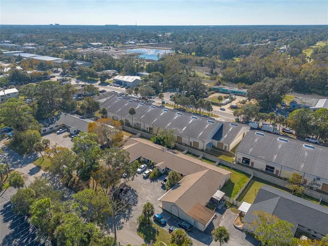an aerial view of a house with a outdoor space