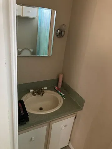 a bathroom with a sink and a mirror