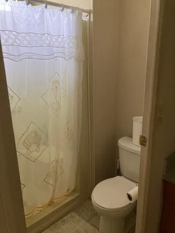 a white toilet sitting next to a shower curtain