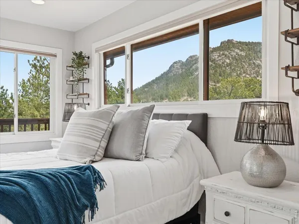 a spacious bedroom with a bed and a large window