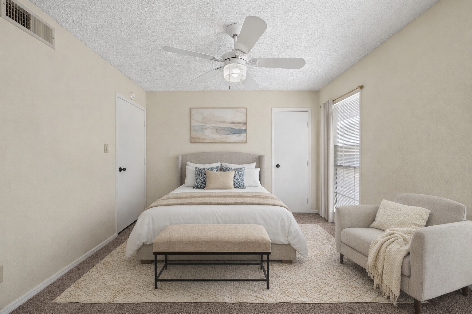 3100 Jeanetta Street, Unit 1004 Houston, TX 77063 - Photo 33 of 42 The secondary bedroom is virtually staged to show off its generous footprint, complete with soft carpeting and a steady breeze from the ceiling fan. (Virtually staged)