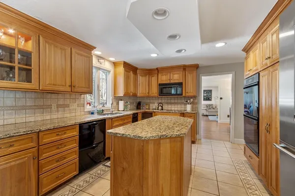 a kitchen with stainless steel appliances granite countertop a sink refrigerator and cabinets