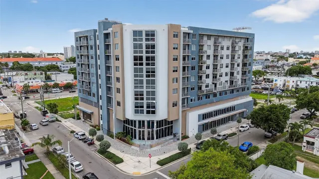 a city view with tall buildings