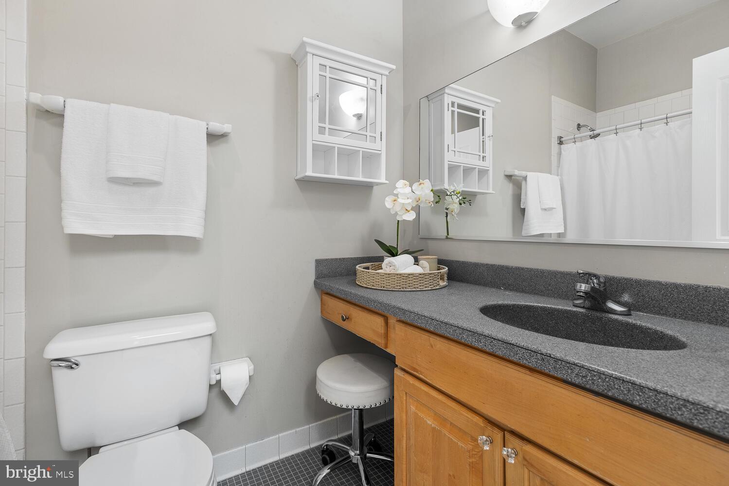 20 Logan Circle Northwest, Unit 32 Washington, DC 20005 - Photo 12 of 23 a bathroom with a granite countertop toilet sink and mirror