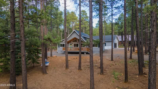 a house view with a trees in the background