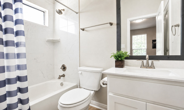 1928 Lakeside Ranch Road Georgetown, TX 78633 - Photo 29 of 37 Brightly illuminated full bathroom featuring a tub and shower combination with clean tile work and a single vanity.