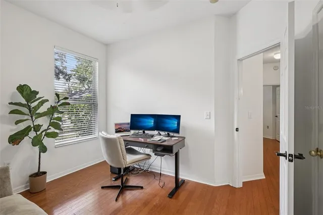 a view of a workspace with furniture and a potted plant