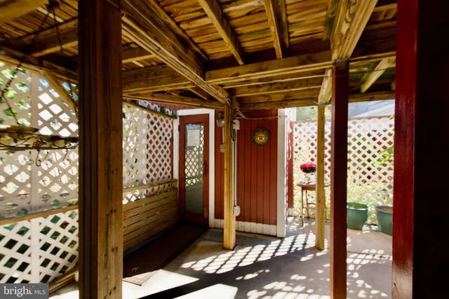 a view of a porch with a door