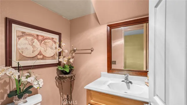 a bathroom with a sink a mirror and a shower