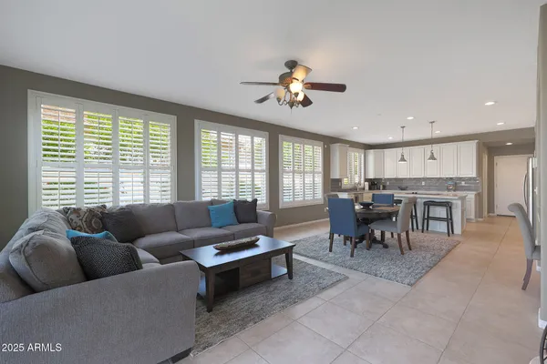 a view of a dining room with furniture