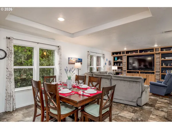 a view of a dining room with furniture window and outside view