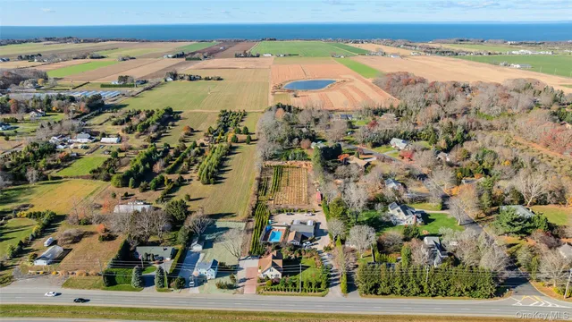an aerial view of residential building and ocean