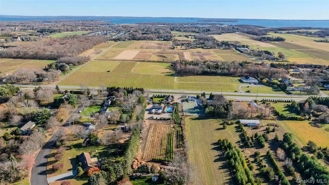 an aerial view of a city with lots of residential buildings ocean and mountain view in back