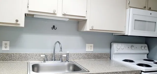 a kitchen with a sink a stove and white cabinets