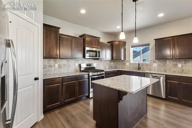 a kitchen with stainless steel appliances granite countertop a sink a stove a refrigerator cabinets and wooden floor