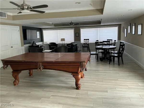a view of a dining room with furniture