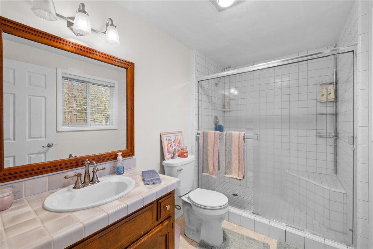 324 China Gulch Road Jacksonville, OR 97530 - Photo 31 of 45 a bathroom with a sink toilet vanity and shower
