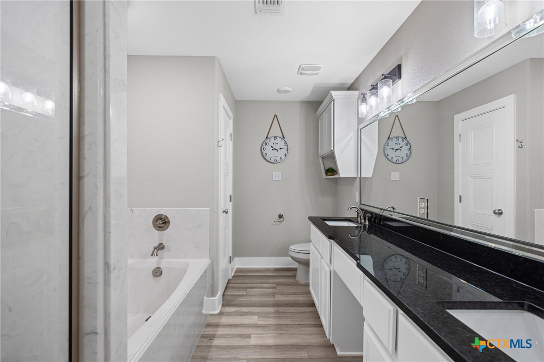 28099 Fm 2670 Killeen, TX 76549 - Photo 22 of 48 a spacious bathroom with a granite countertop sink a toilet a shower and bathtub