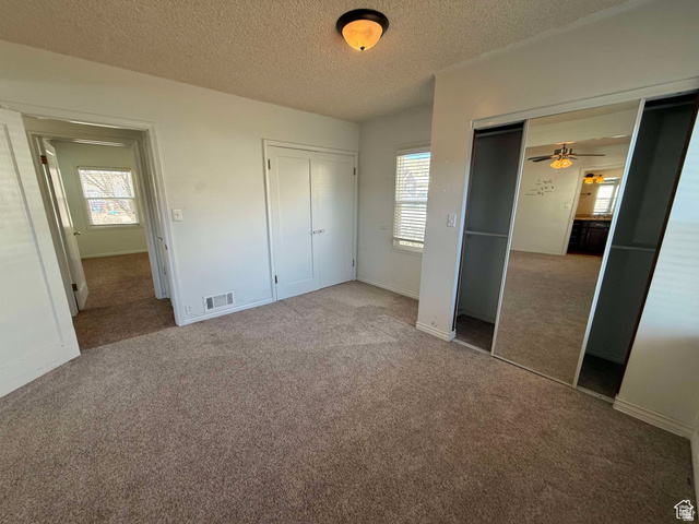 73 Garden Street Helper, UT 84526 - Photo 35 of 36 Unfurnished bedroom featuring carpet floors, a textured ceiling, and two closets