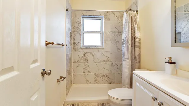 a bathroom with a sink a toilet and shower