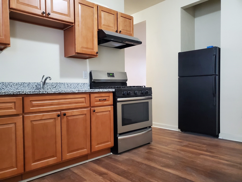 5 Coleman Street, Unit 2 Boston, MA 02125 - Photo 3 of 9 a kitchen with stainless steel appliances granite countertop a stove a refrigerator and a sink with cabinets
