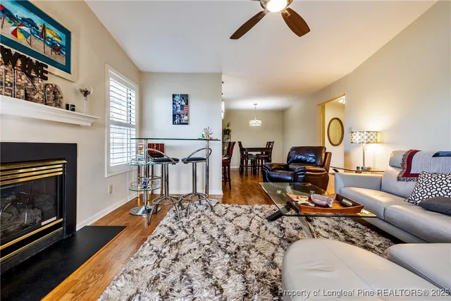 a living room with furniture a rug and a fireplace