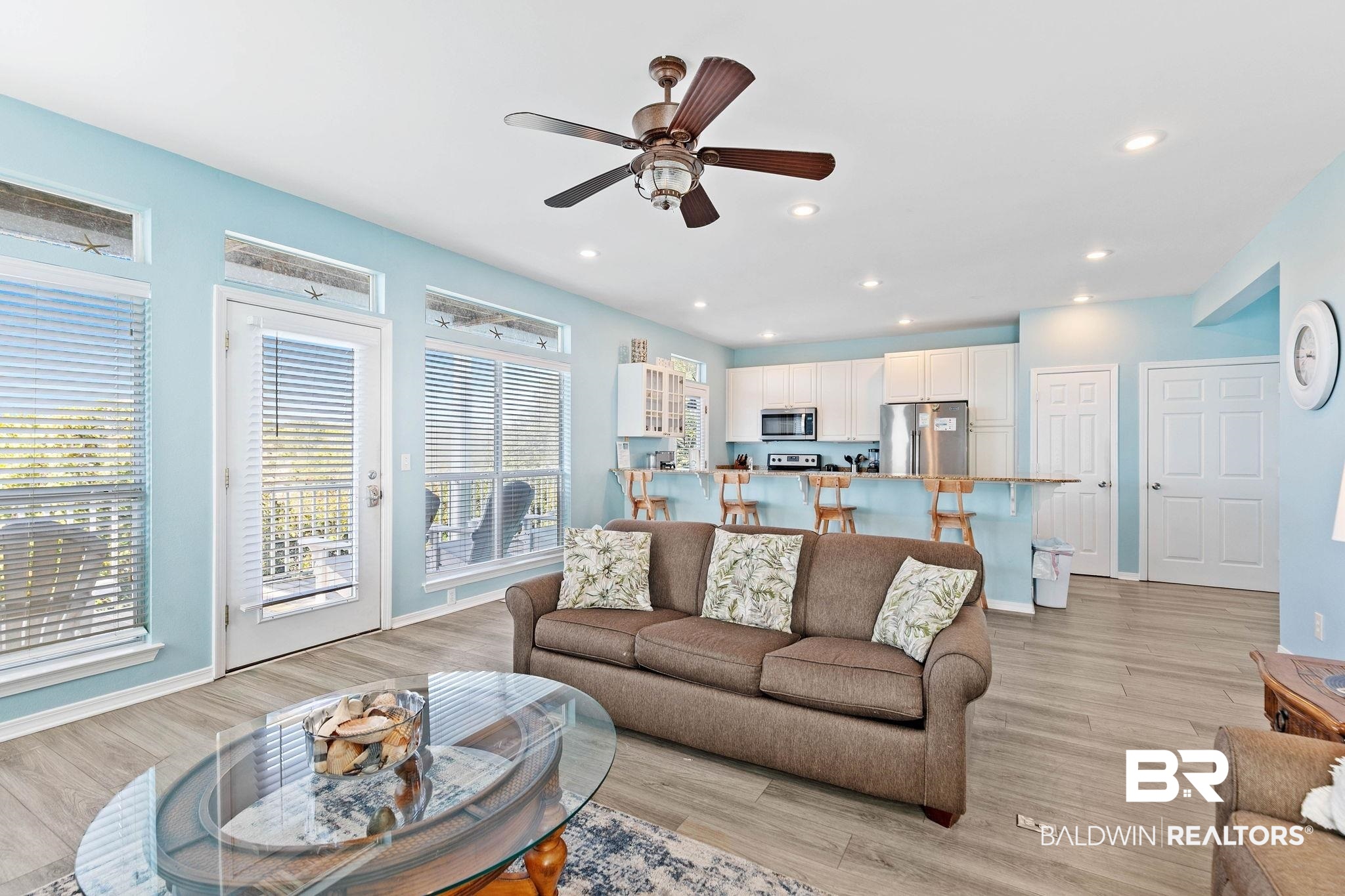 545 Plantation Road, Unit 3 Gulf Shores, AL 36542 - Photo 10 of 54 Living area featuring recessed lighting, light wood finished floors, and ceiling fan