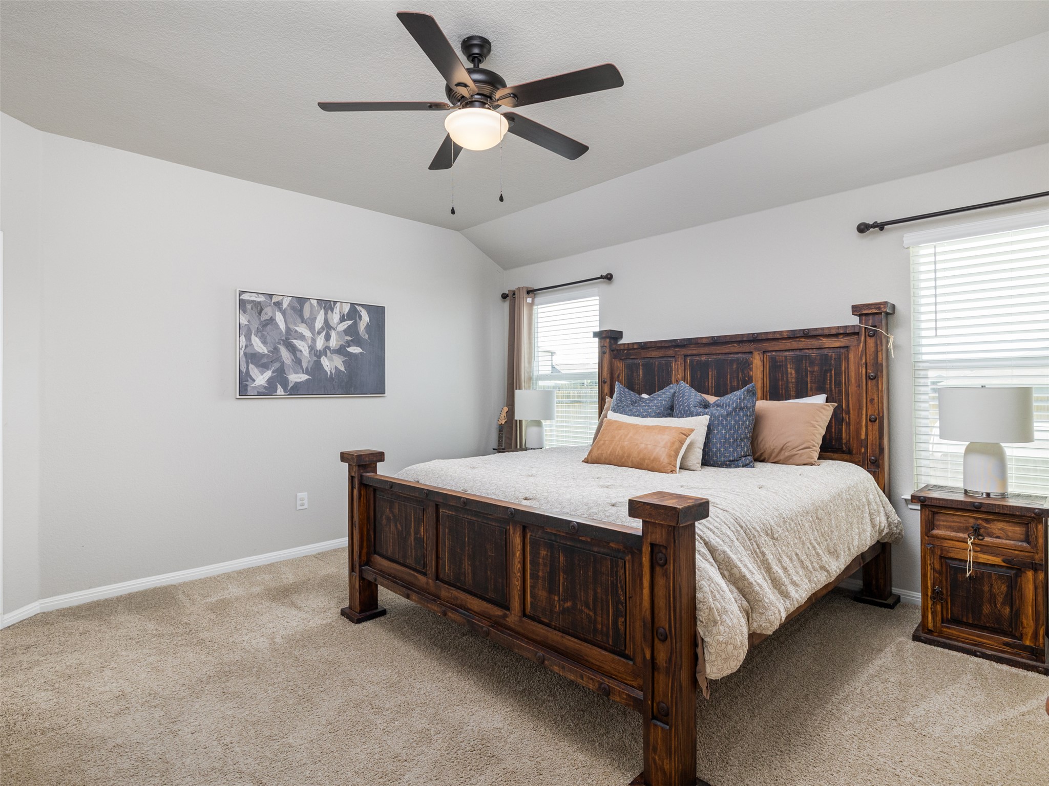 439 Hunter Loop Bertram, TX 78605 - Photo 13 of 23 A restful retreat, this primary bedroom offers a vaulted ceiling, soft carpet, and a classic wood bed frame.