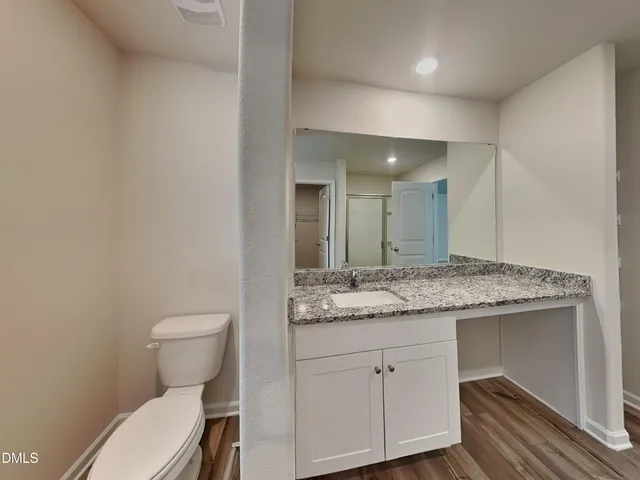 a bathroom with a granite countertop toilet sink and mirror