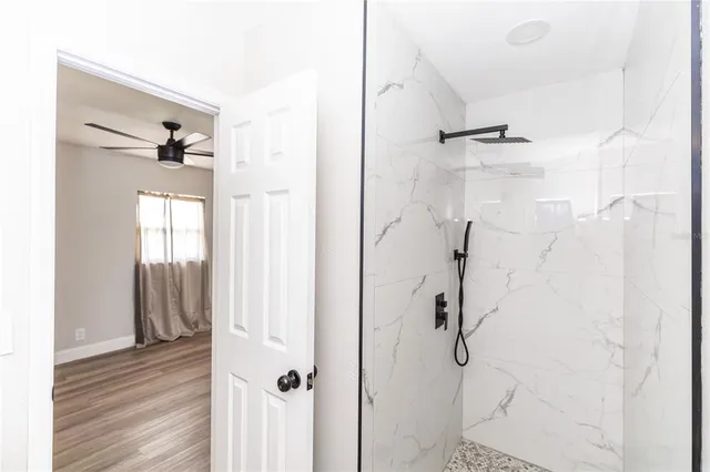 a view of a bathroom with a shower